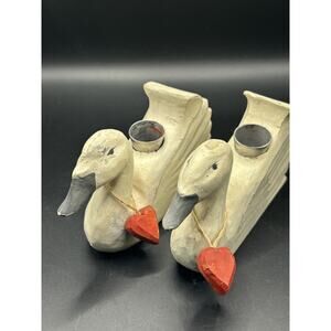 Pair Of Hand Carved Wooden Swan Taper Candle Holders Heart Charm Country
